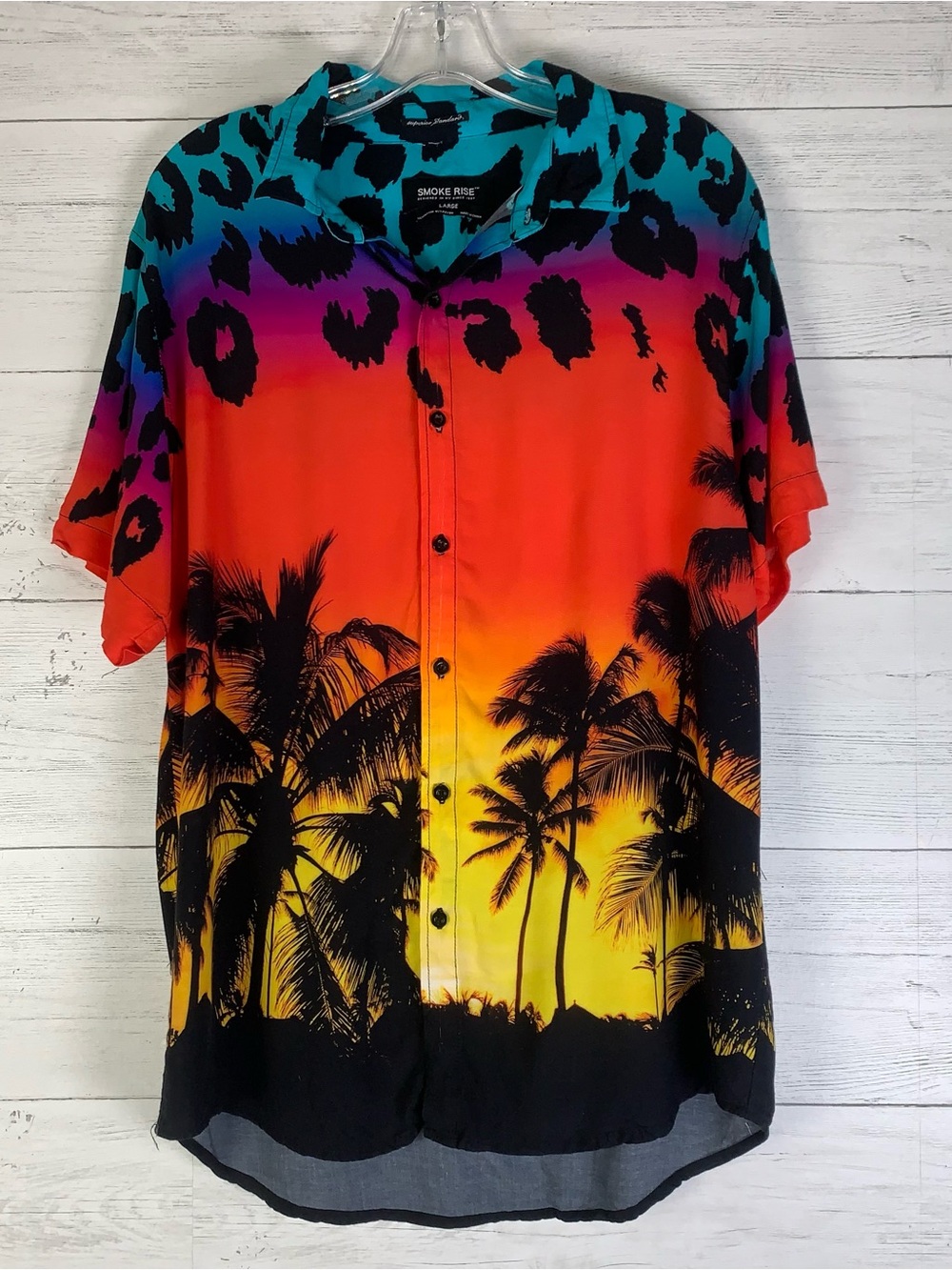 Smoke Rise Shirt  juniors L Colorful Graphic Button Up Tropical All Over Print